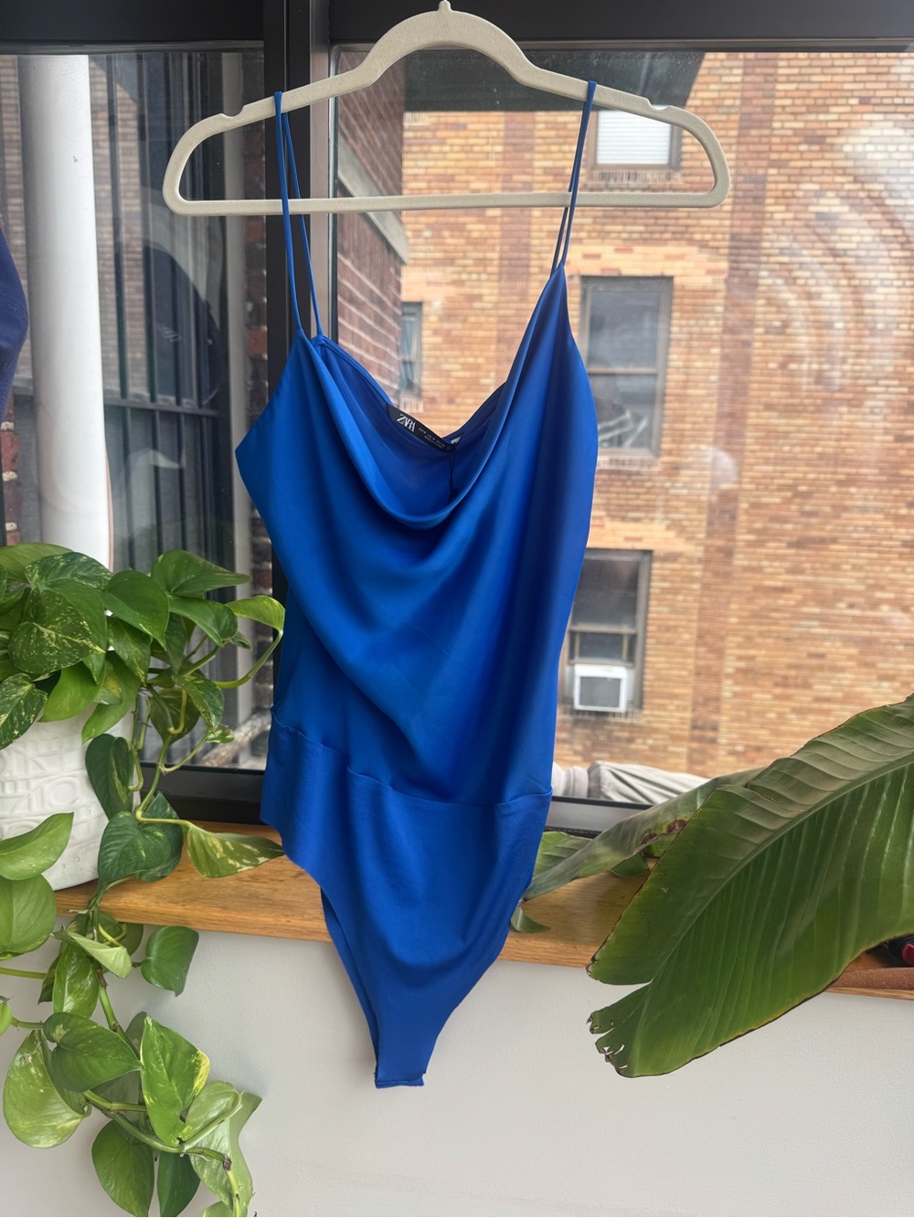 Zara Royal Blue Satin Cowl Neck Bodysuit